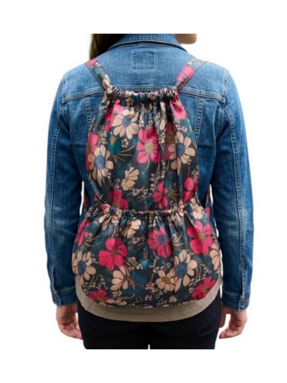 Floral Drawstring Backpack Nylon Polyester Large Travel Gym Cinch Bag Tote